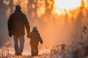 A grandfather and child walk hand in hand on a sunlit path sharing a moment of togetherness