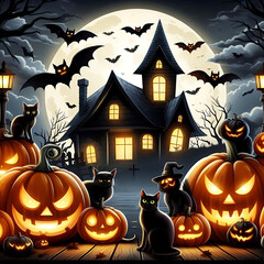 Spooky Shadows and Pumpkin Lights A Halloween Scene.