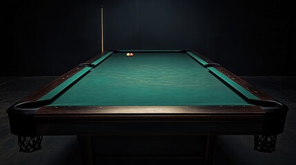 Close-up of a billiard table in the center under glowing lights in the dark. pill balls and lights. the billiard room is empty