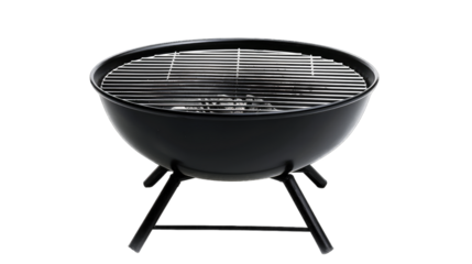 A round black grill with a metal grate, designed for outdoor cooking. isolated on white background isolated on white background. transparent background