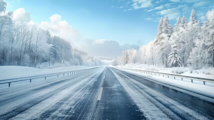 Fototapeta premium Empty highway with snow on the side and clear blue sky.