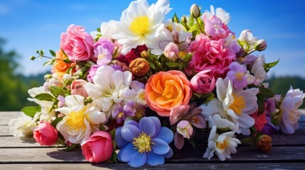 Bright, blooming flowers under a blue sky with white clouds, showcasing the vivid beauty of nature