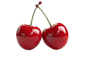 Close-up of two vibrant red cherries with glossy surface against white background. Perfect for food, nature, and fruit imagery.