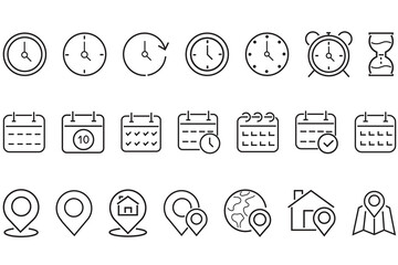 Time and date line icons set.  Clock, calendar, location pin. Time, date and address concept editable stroke outline icons set isolated. Editable stroke. Vector illustration.
