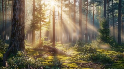 Fototapeta premium silent forest spring , photorealistic forest , high detail forest , spring forest sun rays