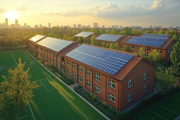 Obraz premium Solar Panels on Brick Buildings with Green Field and City Skyline