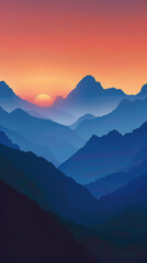 Naklejka premium A stunning sunset over layered mountains, showcasing shades of blue and orange as the sun dips below the horizon.