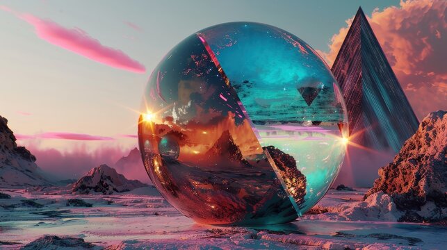 Surreal landscape with a large reflective sphere, a pyramid-shaped structure, and a mountainous background under a vibrant sunset sky