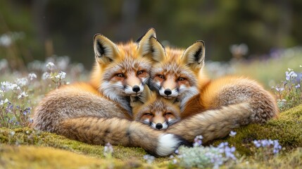 Fototapeta premium Three Red Foxes Huddled Together in a Field of Flowers