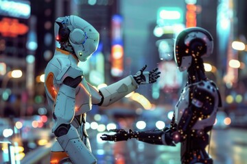 A mesmerizing composition capturing the interaction between a person and a robot amidst the dynamic energy of a futuristic urban environment, showcasing the joint endeavor of humans and AI
