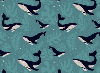 Hand drawn marine life. Seamless pattern with wild sea animals, seaweed and corals. Children's illustration on blue background. Cartoon whales and sperm whales bright colors.