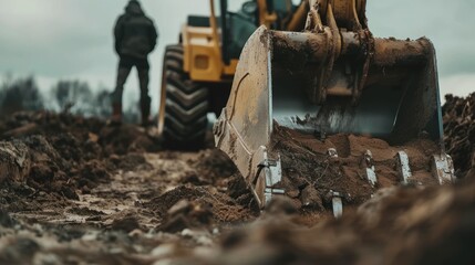 Fototapeta premium A close-up of a bulldozer excavator's bucket digging into the earth, with a worker standing nearby for scale