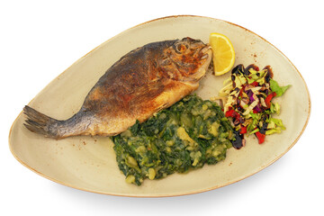 Grilled fish ( sea bream ) with green leafy vegetables
