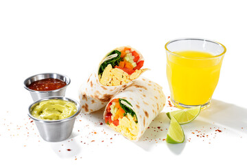 Homemade breakfast egg burrito with fresh vegetables and different sauces for healthy vegetarian breakfast. isolated on white background