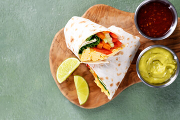 Homemade breakfast egg burrito with fresh vegetables and different sauces for healthy vegetarian breakfast. top view