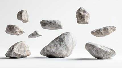 Eight grey stones are floating in the air over a white background.