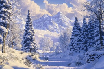 Obraz premium Snowy Mountain Path Winter Wonderland Scene