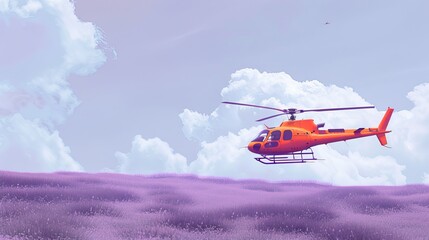 whimsical orange helicopter flying over vibrant purple lavender fields, children's book illustration with simple clouds in the sky, high-resolution playful art