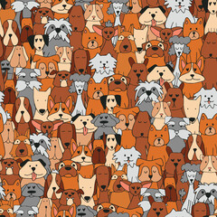 Cute cartoon dogs seamless pattern. Different breeds of dogs on endless canvas for your design. Domestic pets. Vector illustration