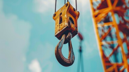 Close-up of a tower crane's hook lifting a heavy load