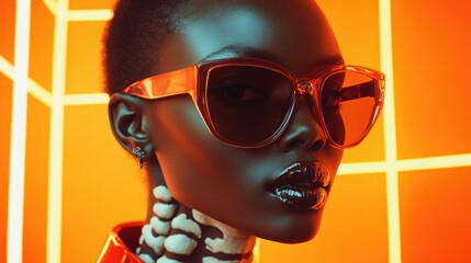 Close-up of a woman with skeleton makeup in neon lighting