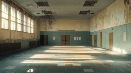 An empty, dilapidated school gymnasium with peeling walls, sunlight streaming through large windows, reflecting on a tiled floor, creating a somber, abandoned atmosphere.