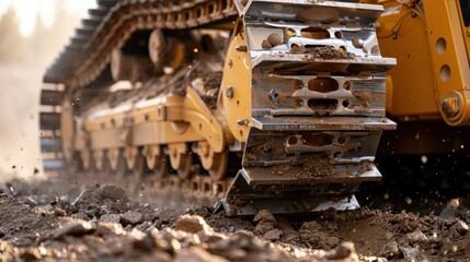 Close-up shot of a bulldozer&acirc;&euro;&trade;s blade moving earth efficiently