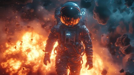 An astronaut explores the cosmos amidst explosions and vibrant colors, showcasing the beauty of space adventures and discovery.