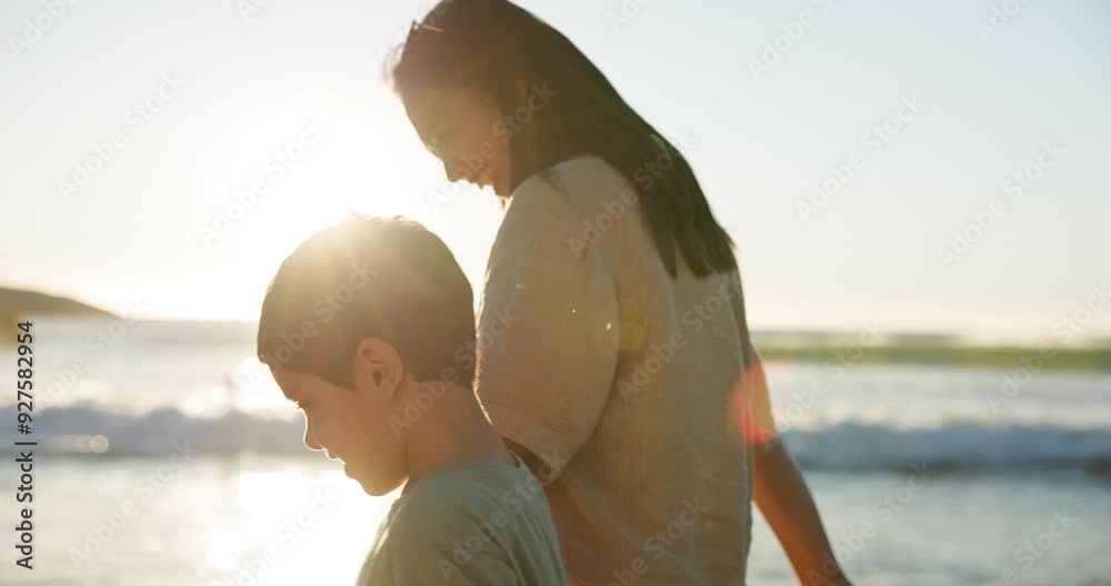 Canvas Prints Love, beach or sunset with a mother and son on the sand by the ocean at sunset together. Family, smile or vacation with a woman parent and boy child outdoor on the coast for summer travel or holiday