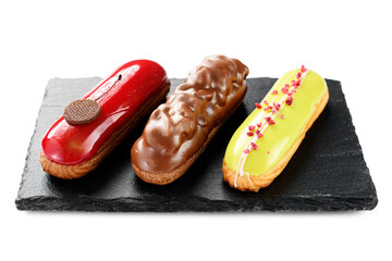 Set of beautiful french eclairs with different colorful toppings. isolated on white background