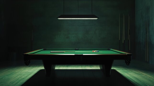 Background of a billiard table in the center under lights glowing in the dark. pill balls and lights. the billiard room is empty