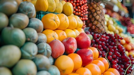 Vibrant Market Stall Overflowing with Fresh Seasonal Produce and Fruits