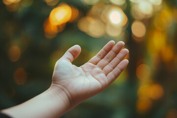 Fototapeta premium Outstretched Hand Reaching Towards Soft Golden Light in Green Nature Background
