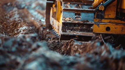 Close-up shot of a trencherâ€™s blade cutting through the ground