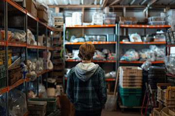 Young Adult Exploring Organized Storage Room with Shelves Full of Supplies