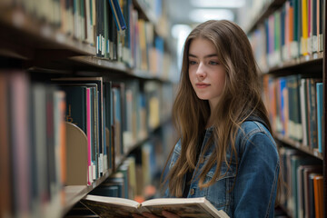 Young Woman Reading Book in Library Aisle Surrounded by Shelves of Books