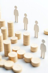 Illustration of economic inequality with wooden figures and coin stacks representing financial disparity. Concept of wealth distribution.