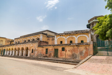 Obraz premium View of the ancient Ramnagar Fort from the river Ganges. The Ramnagar Fort of Varanasi was built in 1750 in typical Mughal style of architecture.