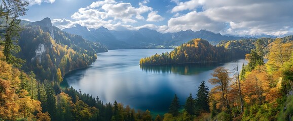 Obraz premium Autumnal lake with a small island surrounded by mountains and trees.