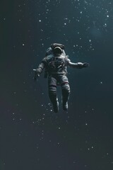 Fototapeta premium A solitary vertical composition showcasing an astronaut drifting alone in the weightlessness of zero gravity, their thoughts wandering among the stars as they journey through the silent void of space,