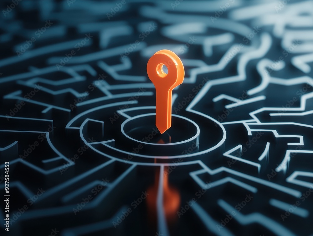 Poster Conceptual image of a key on a digital maze, symbolizing data security, access, and encryption. Perfect for technology and cybersecurity themes.