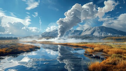 Volcanic Landscape with Steam and Reflection
