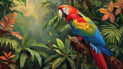 In the lush depths of the tropical jungle, a majestic macaw perches proudly amidst a canopy of vibrant foliage