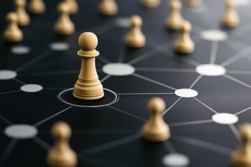Chess pawn on a connected network representing strategy, leadership, and decision-making in a competitive environment.