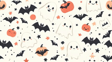 A cute Halloween pattern with adorable ghosts, smiling bats, and kawaii-style pumpkins.