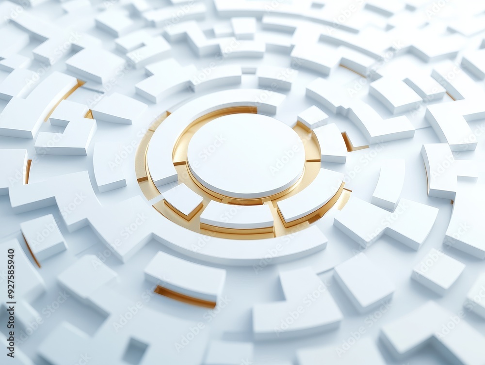 Poster Abstract geometric ing with concentric circular white patterns and gold accents, creating a modern and futuristic design.