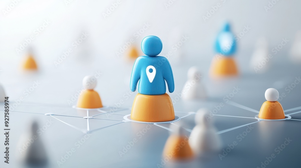 Poster Abstract representation of geographic location with social connections. Blue markers signify key points on a network, symbolizing connectivity.