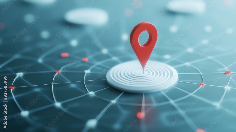 Aufkleber Abstract close-up of a red pin on a digital map interface representing location, GPS navigation, and connectivity.