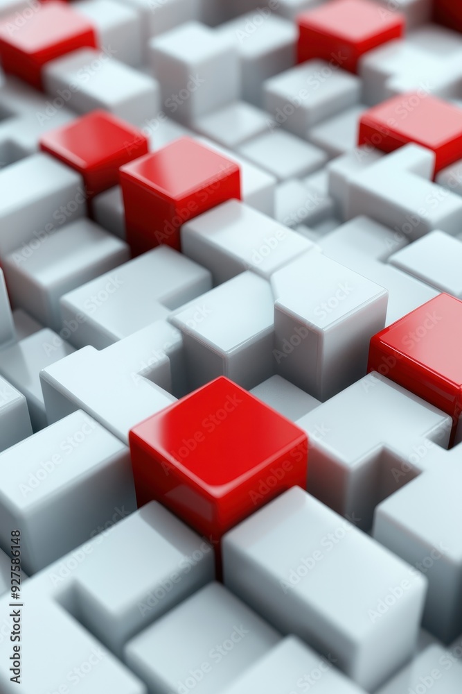 Fototapete Abstract 3D geometric background with red and white blocks forming a pattern, symbolizing structure, complexity, and modern design.