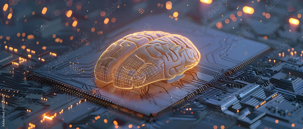 Poster A glowing digital brain on a microchip symbolizes the integration of artificial intelligence with advanced computing technology.